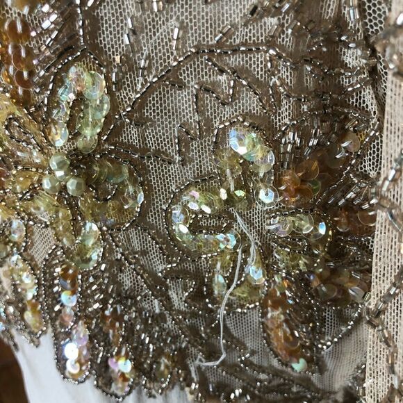 Jovani Evening Long Sleeve Beaded Illusion Beige Gatsby Deco Formal Keyhole Gown - Picture 7 of 15